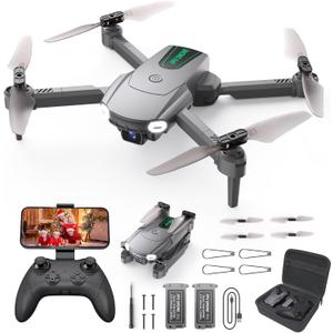 Foldable Drone with Camera for Kids Beginners - Remote Control Helicopter Toys Gifts for Boys Girls, 1080P HD FPV RC Drones with 2 Batteries, One Key Start, Carrying Case, Gesture Selfie, Dark Grey