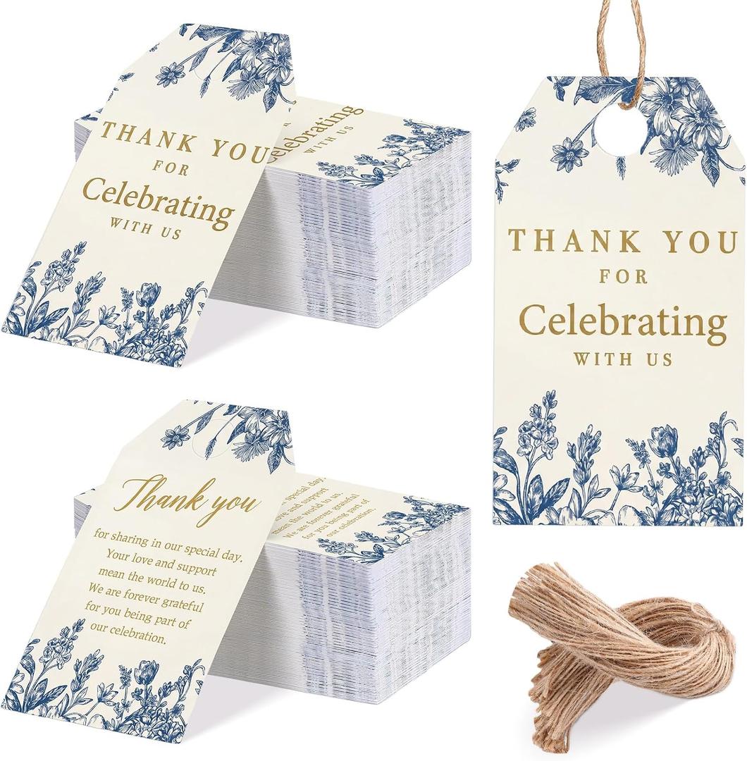 Gueevin 100 Pcs Blue Floral Thank You Tags with String Something Blue Wedding Party Favor Hangtags 3.5 x 2 Inch Thank You for Celebrating with Us Gift Bag Tags for Bridal Shower Baby Shower Birthday