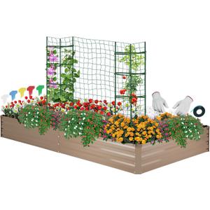 ONCEMORE Galvanized Raised Garden Bed for Vegetables Flowers Herbs, Metal Raised Garden Bed Kit with 2 PCS Tomato Cage, Gloves, Trellis Netting, Plant Labels, Plant Ties, Brown 841FT