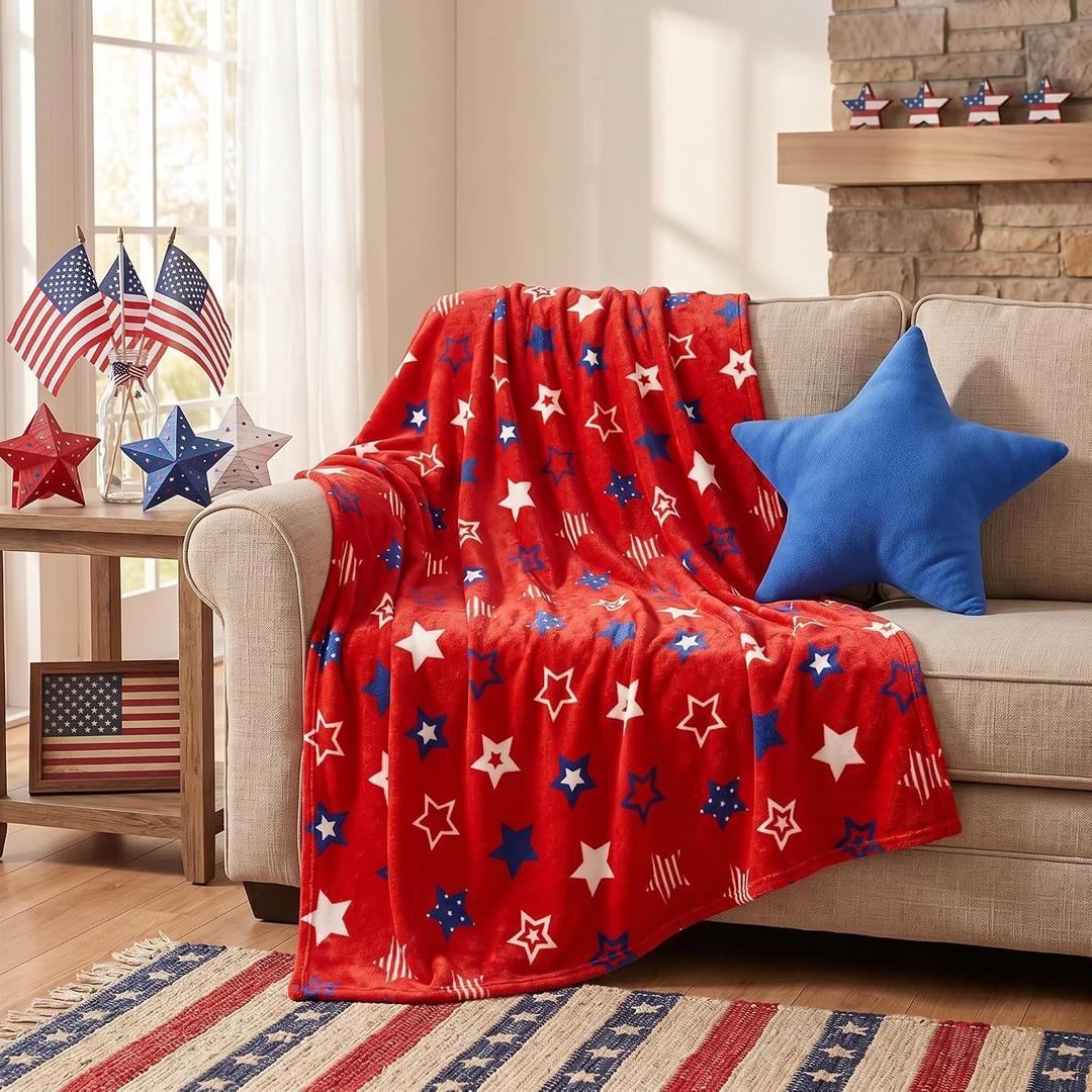 Tudomro 4th of July Patriotic Throw Blanket and Pillow Star Blanket 50 x 60 Inch Red White Blue Soft Flannel Independence Day 250th Anniversery Memorial Day Plush Pillow Sofa Couch America Decor Gifts