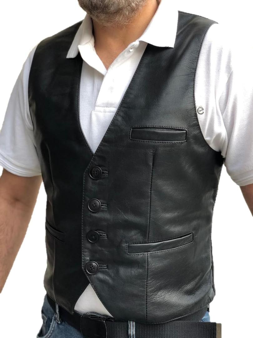 Mens Real Sheep Leather Casual Western Vintage Biker Motorcycle Cruise Riding Vest Conceal Pockets Black Slim Fit (Medium)