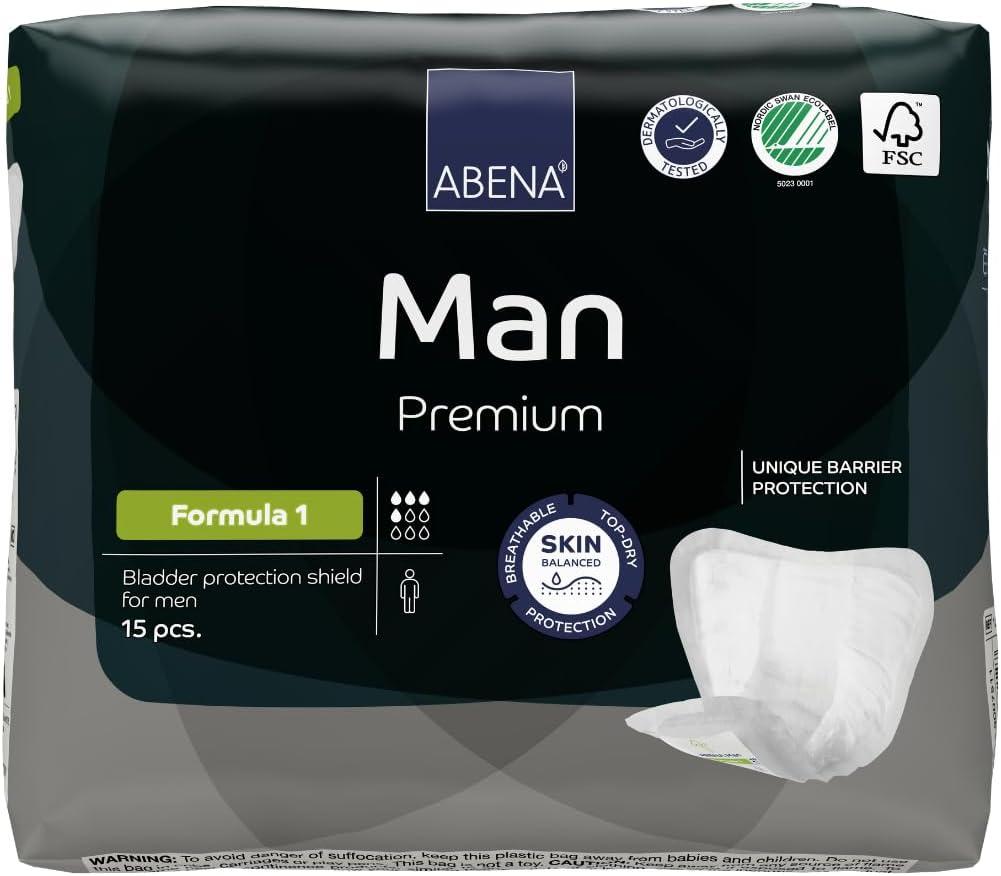 Abena Man Formula 1 Incontinence Pads for Men, 15 Count, Eco-Friendly, Breathable, Comfortable, Absorbs up to 15.2 fl oz