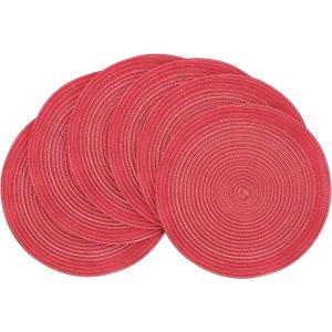 Floroom 15 Inch Round Braided Placemats Set of 6, Washable Heat Resistant Cotton Polyester Circle Place Mats for Kitchen Dining Table - Dark Red