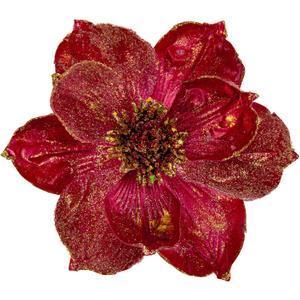 Briful 8 Large Heads Christmas Glitter Magnolia Flowers Christmas Tree Ornaments Set of 4 Artificial Flowers with Picks Stems for Xmas Tree Holiday Decorations,Red