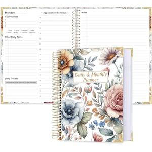 Undated Daily Monthly Planner for 2026 or Anytime - A4 To Do List with Hourly Schedule, Hardcover Spiral Bound Daily Planner to Increase Focus, Stylish School/Office Supplies, 8.5" x 11", Flower