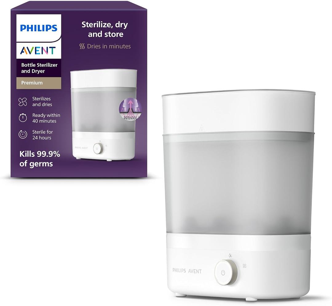 Philips Avent Baby Bottle Sterilizer and Dryer Premium, Removes 99,9% of Bacteria, Chemicals Free, Capacity 6 Bottles/Teats/Accessories, Modular Space Saving Design, Model SCF293 | 99.9% Germ-Free, Chemical-Free Steam, 6-Minute Cycle, Dries in 40 Minutes, Stays Sterile 24 Hrs, Includes Tongs, SCF293/00