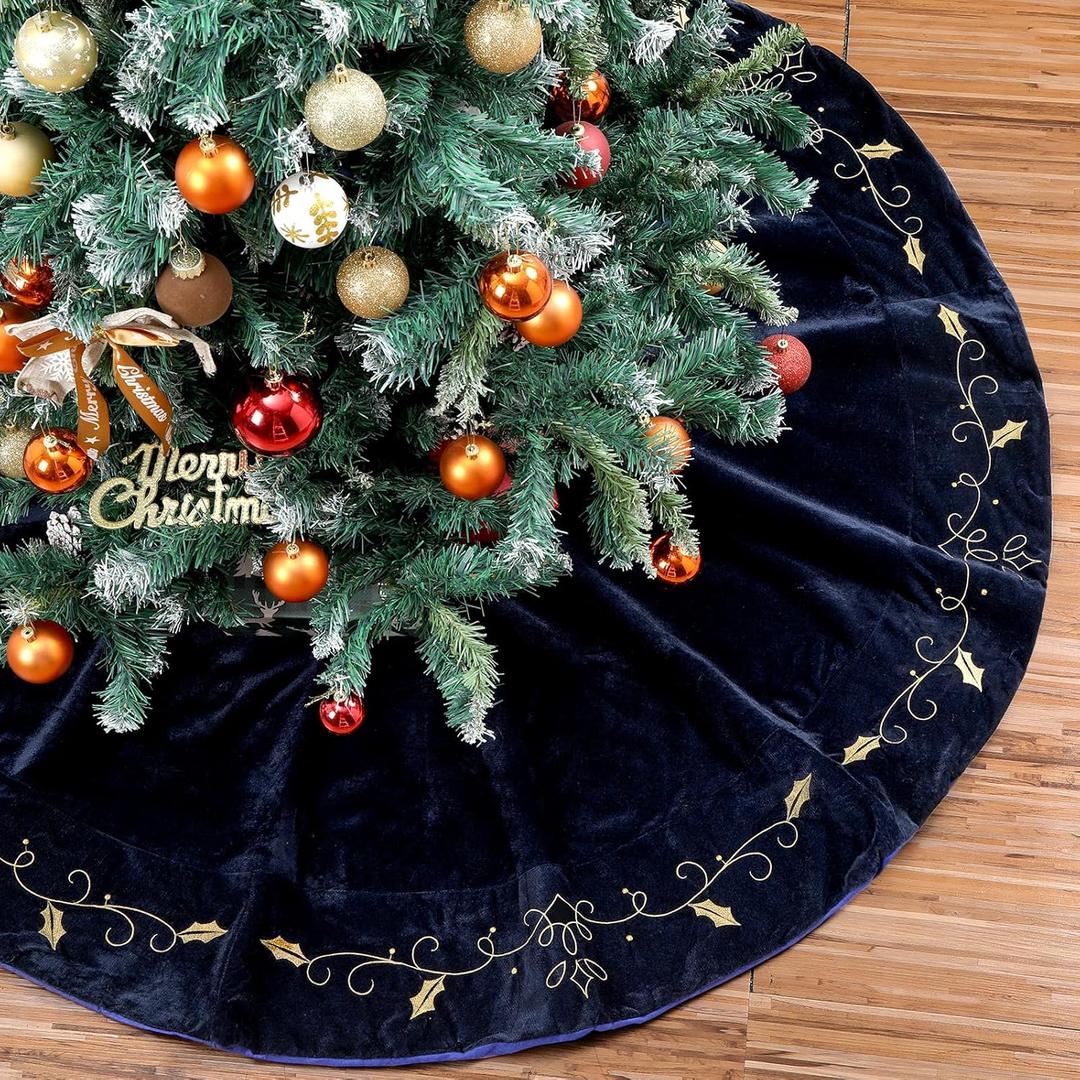 60inch Extra Large Christmas Tree Skirt Navy Blue Luxury Velvet Plush Skirts with Gold Embroidery Xmas Velvet Tree Skirt Holly Leaves Gold Embroidered Trees Skirts for Christmas Holiday Party Decor