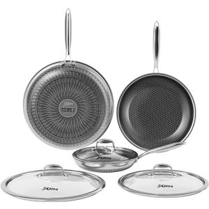 Nonstick Frying Pan Set, 8+10+12 Inch, Honeycomb Stainless Steel Skillet Pans Set, PFOA-Free Scratch-Proof, Dishwasher & Oven Safe, Compatible with All Cooktops (Silver+lid)