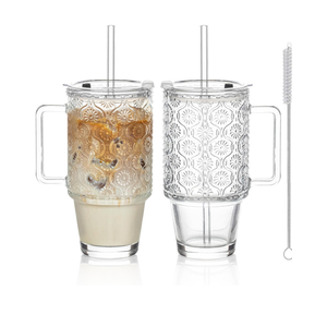 KEMORELA 24 Oz Ribbed Glass Tumblers with Lids and Straws, Tumbler Cup with Handle, Iced Coffee Glassware, Clear Reusable Drinkware for Smoothies and Beverages