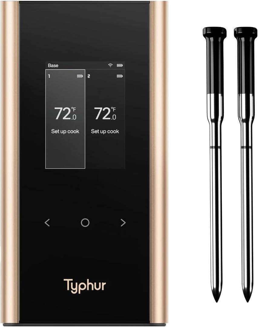 Typhur Sync Gold Wireless WiFi Meat Thermometer, 2 Slim Probes, 6 Sensors, 10x Stronger Signal, 0.5 Accuracy, Smart Base Direct Setup, Reliable Reading Through Kamado Grill BBQ Oven Smoker Air Fryer (Regular)