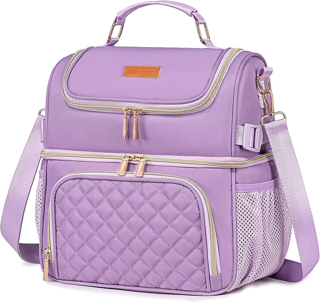 Lunch Bags for Women, Dual Compartment Lunch Box Lunch Bag for Work, Leakproof Lunch Cooler Large Insulated Lunchbox for Adult for Women Men, Lunchbag for Picnic Beach (Purple)