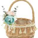 Rattan Woven Flower Girl Basket for Wedding,Handwoven Small Rustic Flower Girls Basket with Handle and Artificial Lace Flowers,Wicker Storage Baskets for Home Wedding Birthday Decor