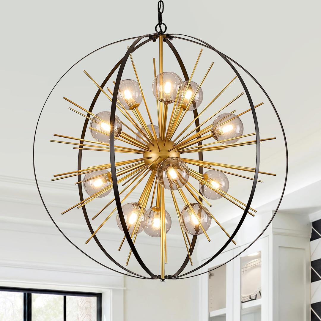 Large 31" Black Gold Mid Century Sputnik Chandelier 12 Lights Modern Ceiling Firework Globe Pendant Lighting with Smoke Class Lampshades for Foyer Staircase Entryway Living Dining Room