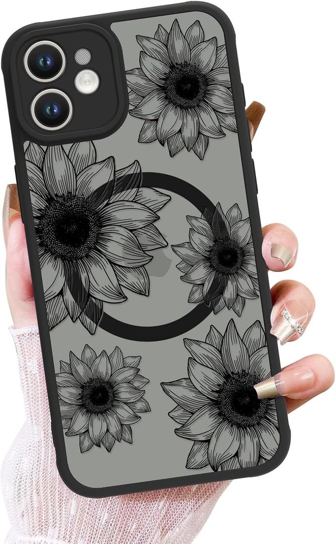 OOK Phone Case Design for iPhone 11 Case [Compatible with MagSafe], Cute Sunflower Floral Blooms Design Black Frosted Shockproof for Women Girls Magnetic Phone Cover - Black Flower
