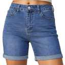 luvamia Jean Shorts for Women High Waisted Trendy Mid Thigh Long Cuffed Hem Stretchy Denim Shorts Casual Summer Jorts (Blue, L)