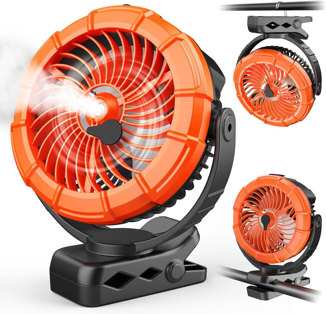 Ausic Portable Misting Clip on Fan, 100ml Camping Stroller Fan with LED, Max 45H Working Time Golf Cart Fans, 360 Rotate Cooling Spray, Outdoor Rechargeable Battery Fans for Travel/Home/Beach (Orange)