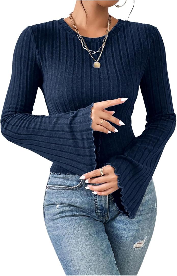 SweatyRocks Women's Bell Sleeve Crop Tops Dressy Casual Crewneck Lettuce Trim Ribbed Fitted Shirts (Medium, Dark Blue)