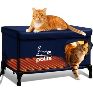 Rugged Heated Cat House for Outdoor Cats in Winter, Extremely Insulated & 100% Weatherproof, Elevated Feral Cat Shelter with Waterproof Eaves & Safe Escape Door for Stray & Barn Cats (Dark Blue)