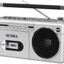 Victrola VBB-25-SLV Mini Bluetooth Boombox with Cassette Player, Recorder and Am/FM Radio, Silver