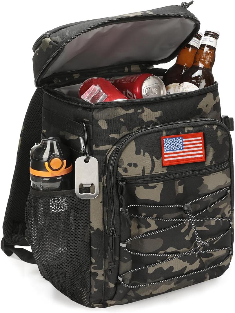 Tactical Backpack Cooler, 25L Cooler Backpack Insulated Leak-Proof, Heavy Duty Large Lunch Backpack, Waterproof Ice Chest Backpack for Men Women Adults Work Daytrip Camping Beach Hiking Accessories (Black Camo)