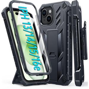 FNTCASE for iPhone 15 Phone Case: for iPhone 14 & 13 & 16e Case Military Shockproof Protective Rugged Cell Phone Cover with Kickstand & Belt-Clip Holster, Heavy Duty Hard Cases 5G - 6.1 Inch Black