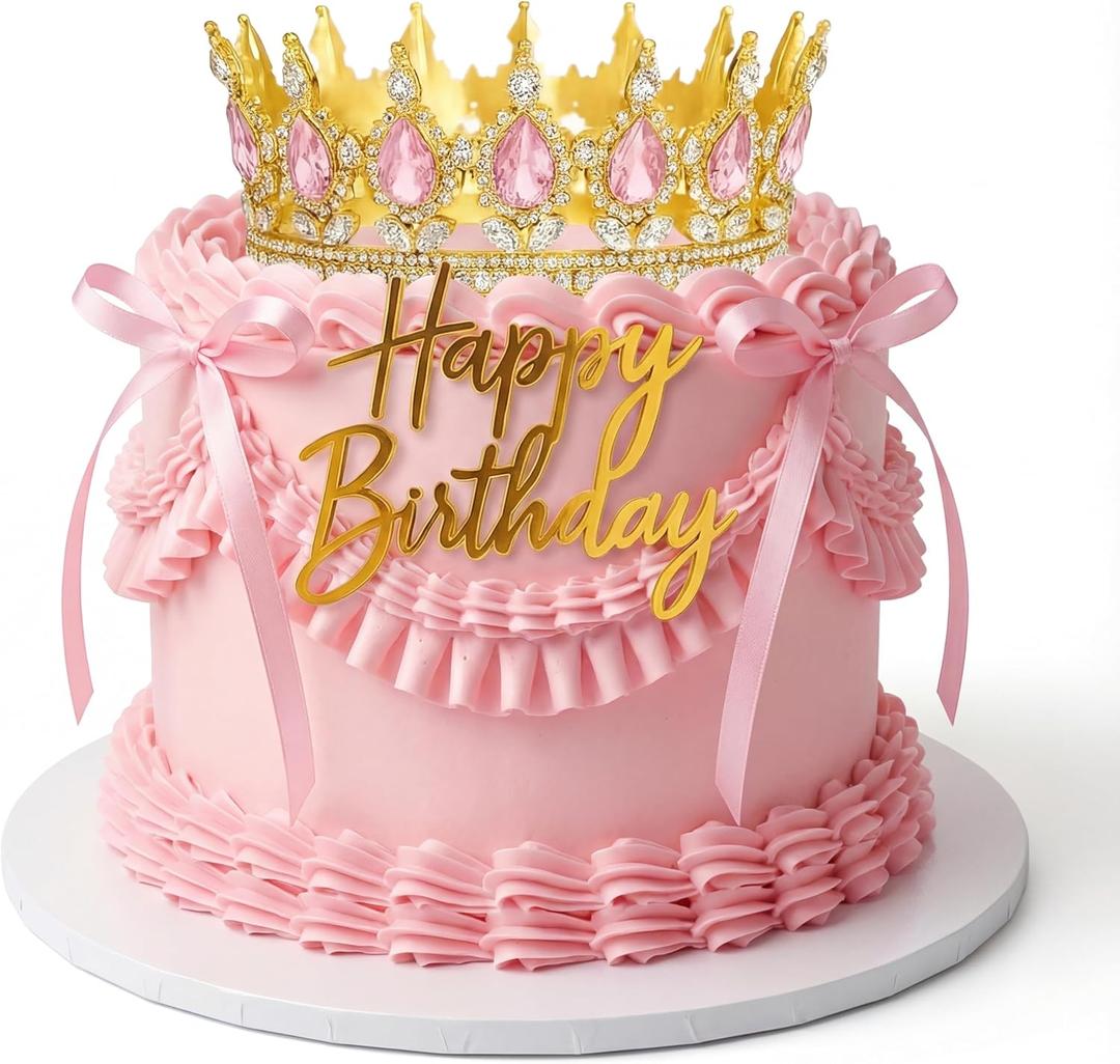 Landical 8 Pcs Gold and Pink Princess Crown Cake Topper Corona Para Pastel Queen Pink Cake Decorations Happy Birthday Topper Bow Tie for Birthday Party Wedding Supplies, 4.9 x 2.16 inches