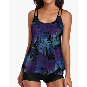 Urchics Womens 2025 Tankini Swimsuits Tummy Control Flowy Swimwear Two Piece Bathing Suits Swim Tank Top with Boyshorts, Large