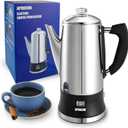 Electric Coffee Percolator Stainless Steel Coffee Maker with Clear Brew Progress Tough Glass Knob and On/OFF Switch Classic Coffee Pot with Keep Warm & Cordless Serve No Aluminum (12 Cup)