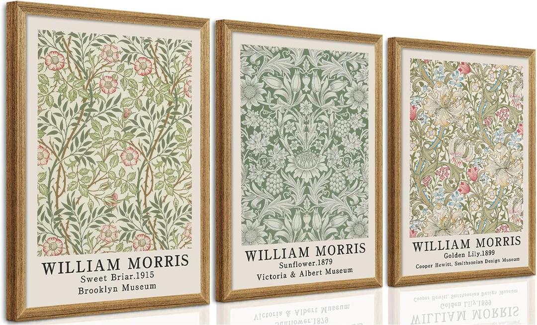 SYWENNOI 3 Pieces William Morris Textured Canvas Wall Art, Pink Beige and Sage Green Neutral Botanical Designs Wall Decor, Vintage Floral Art Prints for Living Room Bedroom Offices 16x24 Wood Frames