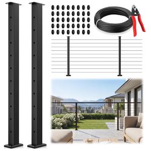 36" 2 Pack Black Cable Railing Post, T304 Stainless Steel Level Drilled Railing Post with Black 1/8" Cable, Surface Mount Powder-Coated Railing Post for Indoor Outdoor Deck Fence Porch System