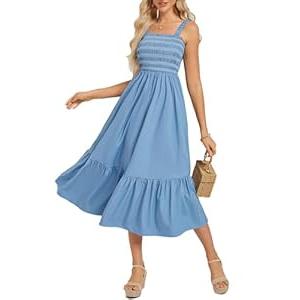 GRACE KARIN Sundresses for Women 2025 Summer Casual Maxi Dress Sleeveless Flowy Long Beach Vacation Sundress with Pocket (2XL, Gray Blue)