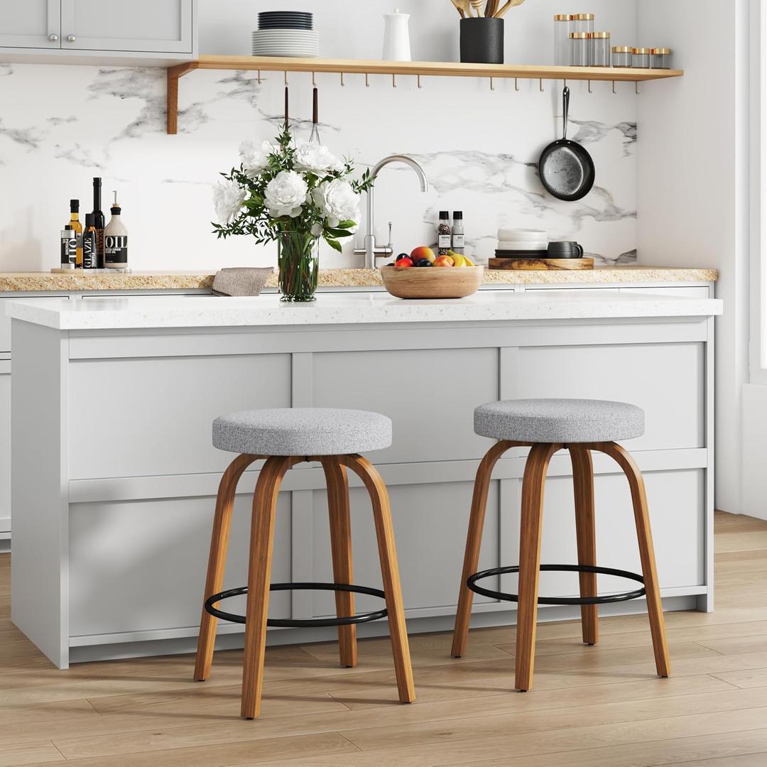 Swivel Bar Stools Set of 2, 24" Counter Height Backless Bar Stools, Fabric Upholstered Seat, Sturdy Curved Wood Legs, Mid-Century Modern Island Stools for Kitchen Bar, Dining Room, Gray