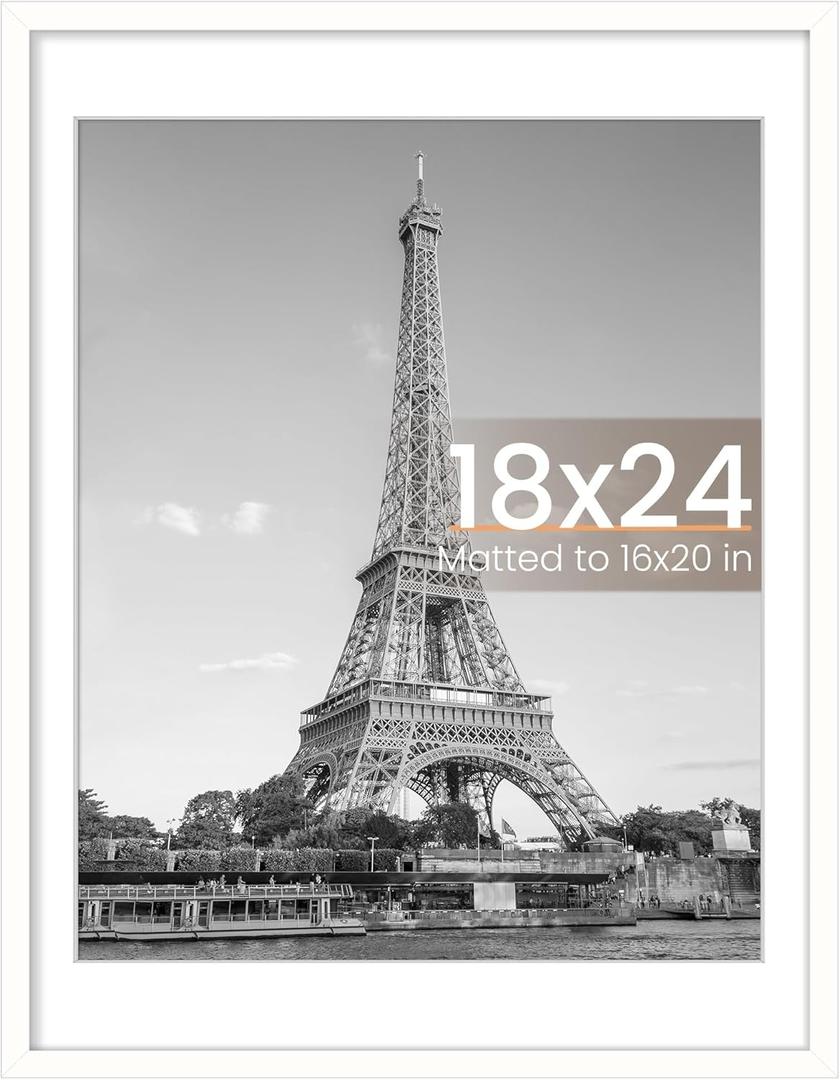 Upsimples 18x24 Picture Frame, Display Pictures 16x20 with Mat or 18 x 24 Without, Wall Hanging Poster Frames, White, 1 Pack