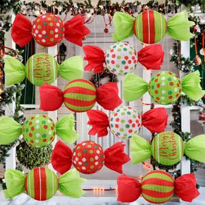 12 Pcs Christmas Party Decorations Red and Green Paper Lanterns Candy Red and Green 9.8 Inch Lanterns Christmas Hanging Ornament Candy Indoor Outdoor Decoration for Holiday Xmas Party