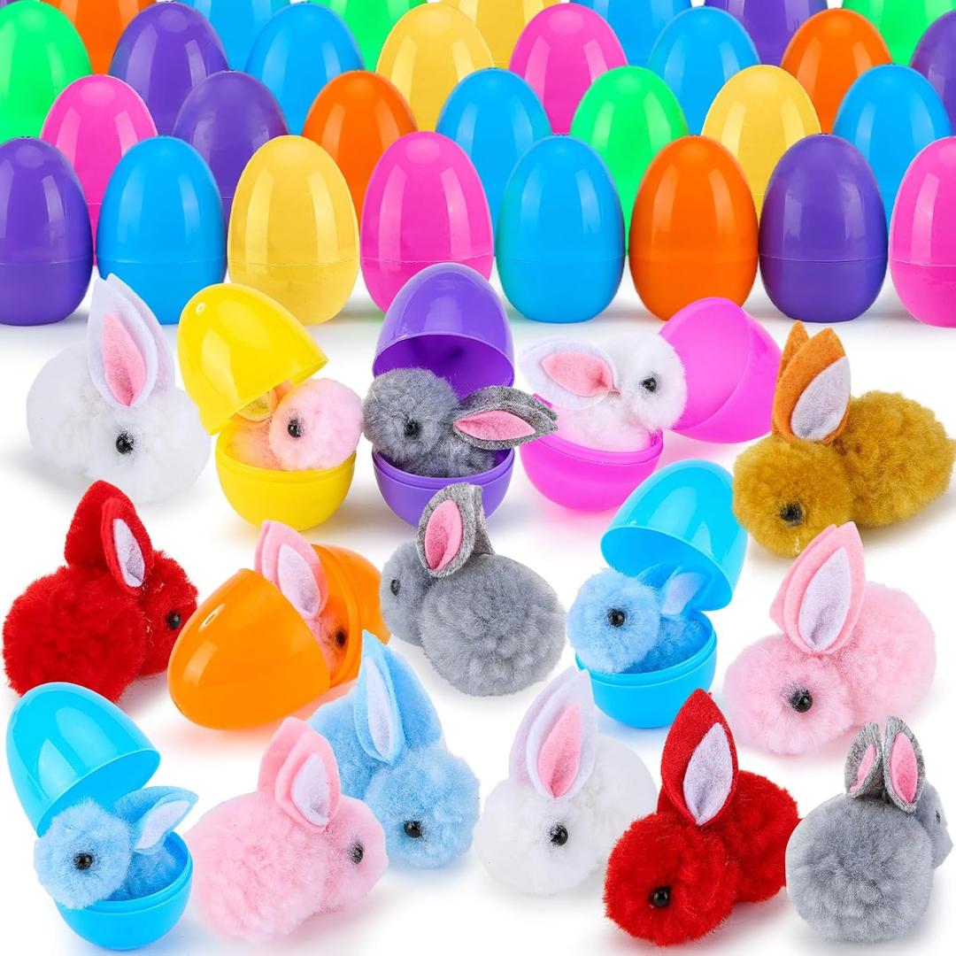 24Pack Easter Eggs Fillers with Easter Bunny Plush Inside Prefilled Easter Eggs for Easter Eggs Hunt Easter Bunny Mini Stuffed Animal for Easter Basket Stuffers Classroom Prize Supplies