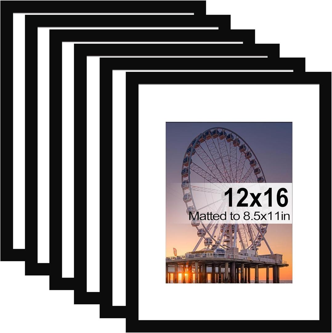 BESCRCL 12x16 Picture Frame Black Set of 6, Diamond Art Painting Frames Display Photo 8.5x11 or 12 x 16 without Mat, Wall Hanging Frame with Plexiglass