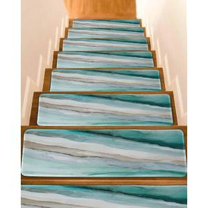 Stair Treads for Wooden Steps Indoor, Vintage Marble Texture Seamless Staircase Step Treads Non Slip Carpet Stair Runner for Kids Elders Dogs Pets, Gradient Teal Stripe Washable Stair Mat 10 Pack (Yellow Green)