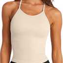 Womens Sports Bra Seamless Long Crop Tank Racer Back Spaghetti Strap Workout Yoga Bra Padded Halter Neck Casual Tops Small, Beige 