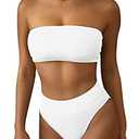 Pink Queen Women's High Waisted Bikini Set 2 Piece Ribbed High Cut Bandeau Swimsuit Bathing Suit White XL