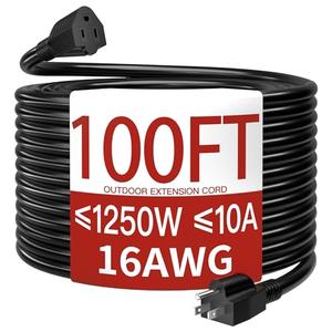 16/3 10A 125V 1250W 100 Ft Outdoor Extension Cord Waterproof, Weatherproof & Flame Retardant Black 3 Prong Power Cord Outside for Lawn & Garden, SJTW ETL Listed