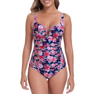 Itzel Women's Ruched Twist Front One Piece Swimsuit Tummy Control Push Up Vintage Retro Bathing Suits (Pink)