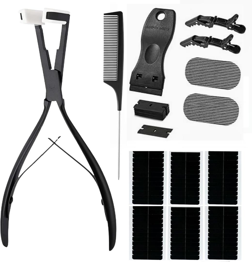 Hair Extensions Tools Kit Tape in Hair Sealing Pliers Tool Kit, Professional Flat Surface Sealing Hair Extension Plier Tools with Double Sided Replacement Adhesive Hair Extension Tape Tabs