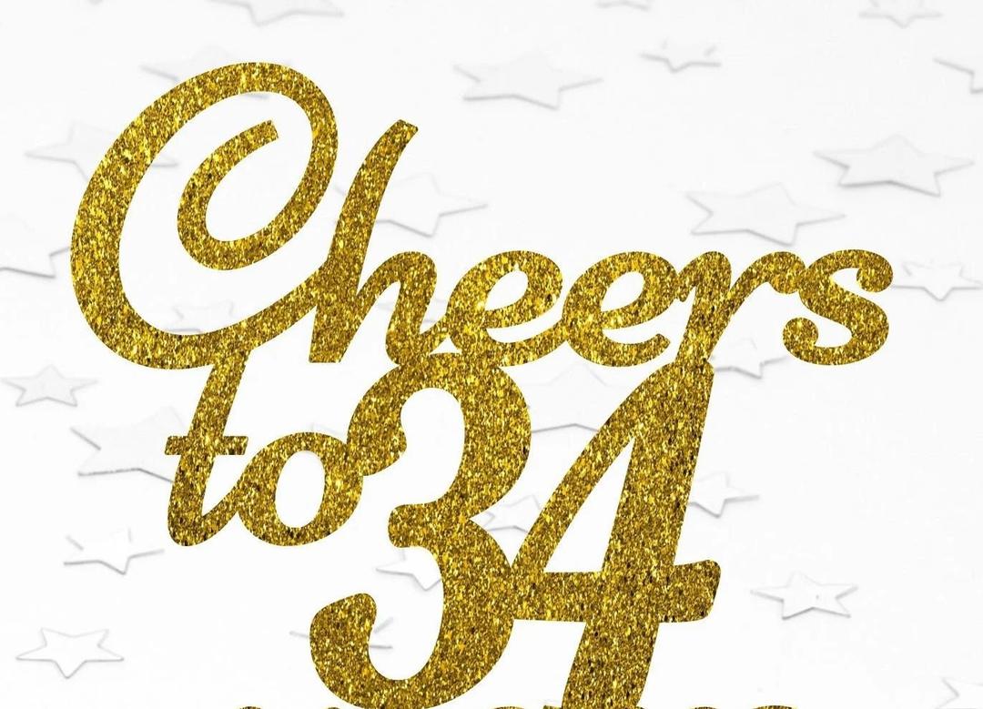 Gold Glitter Cheers to 34 years cake topper, Gold Happy 34th Birthday Cake Topper, Birthday Party Decorations, Supplies