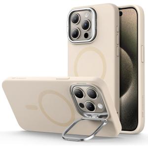 ESR MagSafe Silicone Case with Built-in Stand for iPhone 15 Pro Max - Military-Grade Protection, Camera Stash and Magnetic Phone Case, Cloud Series, Light Tan
