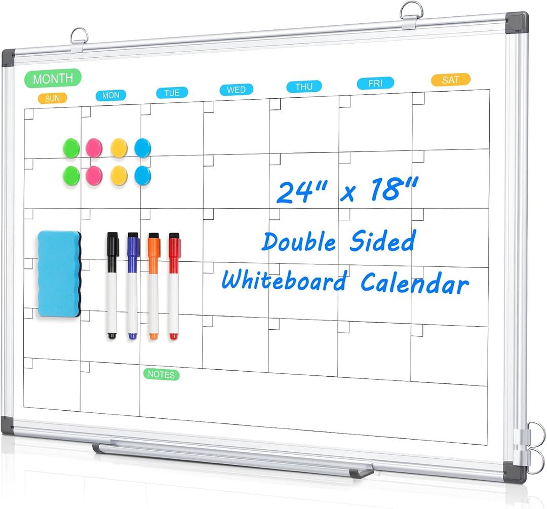 Dry Erase Board Calendar for Wall, 24" x 18" Magnetic Whiteboard Calendar, Monthly Calendar Whiteboard for Wall, Double-Sided Hanging Aluminum Frame White Board for Home, School, Office