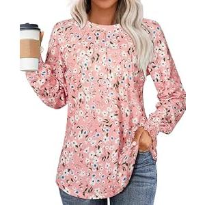 Uhiger Long Sleeve Shirts for Women 2026 Spring Dressy Casual Blouses Pleated Crewneck Tunic Tops for Leggings Cute Tee Small