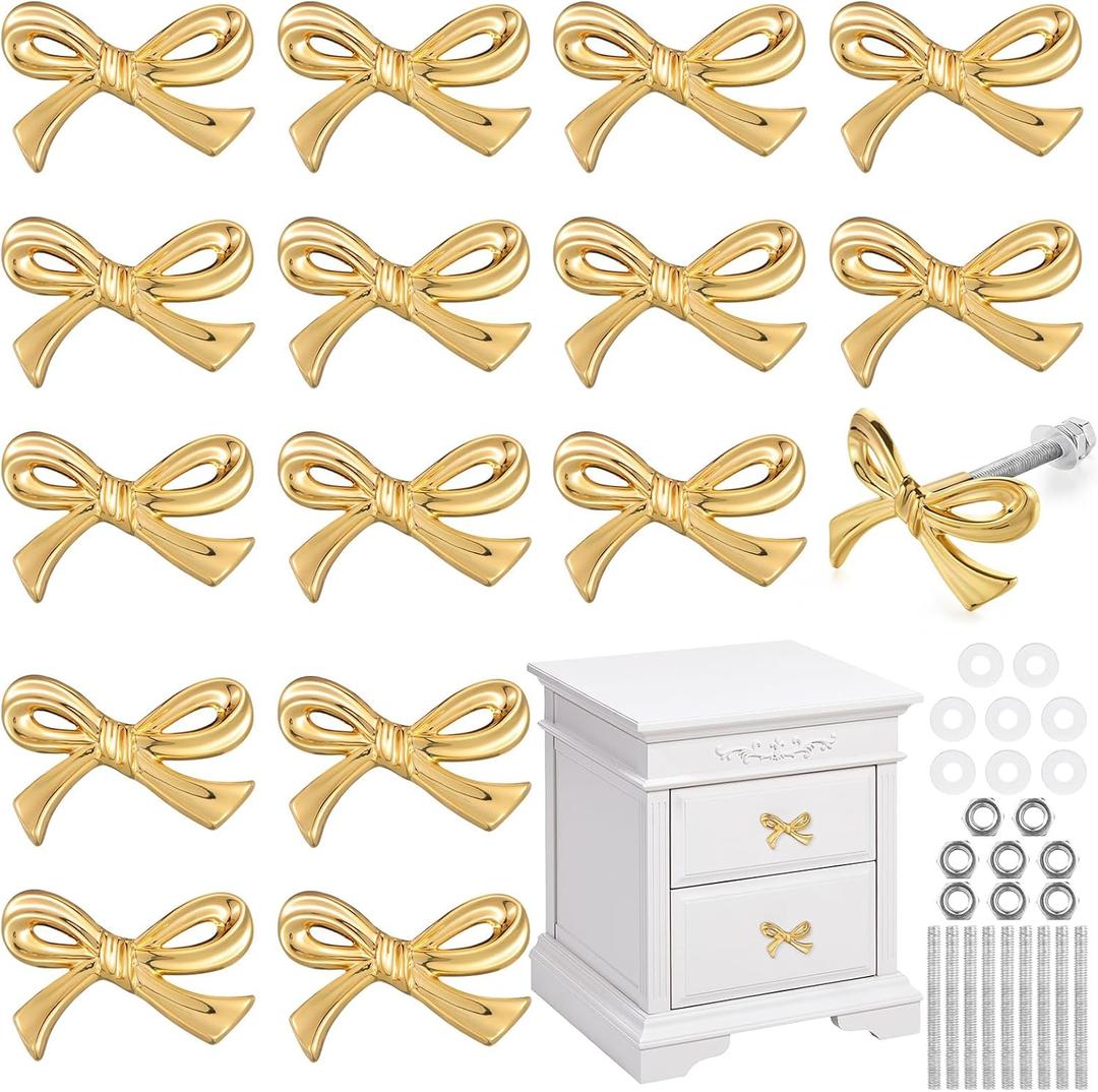 Gold Bow Drawer Knobs Brass Bow Knobs for Dresser Decorative Brass Drawer Pulls Vintage Cabinet Handles for Home Bedroom Kitchen Cabinets Hardware Cupboard(Small Size,Gold,16 Pcs)