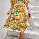 PRETTYGARDEN Women's Summer Casual Dresses 2026 Spring Puff Sleeve Square Neck A Line Flowy Boho Floral Smocked Midi Dress (L)
