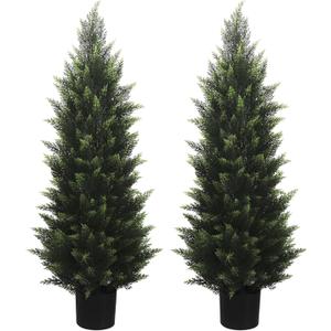 4FT Artificial Cedar Topiary Tree Lifelike Faux Cedar Pines Christmas Trees UV Rated Faux Shrubs Everygreen Plants for Front Porch Outdoor Decor Set of 2