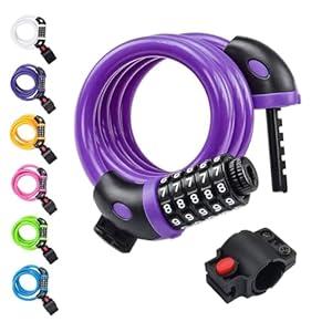 NDakter Bike Lock, 4/ 5.6 Feet Bicycle Cable, High Security 5 Digit Resettable Combination Coiling Bicycle Lock, Heavy Duty Anti Theft Cable with Mounting Bracket, 1/ 2 Inch Diameter (4FT, Purple-12mm)